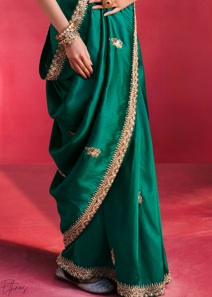 Desert Emerald Paisley Trim Border Soft Silk Saree