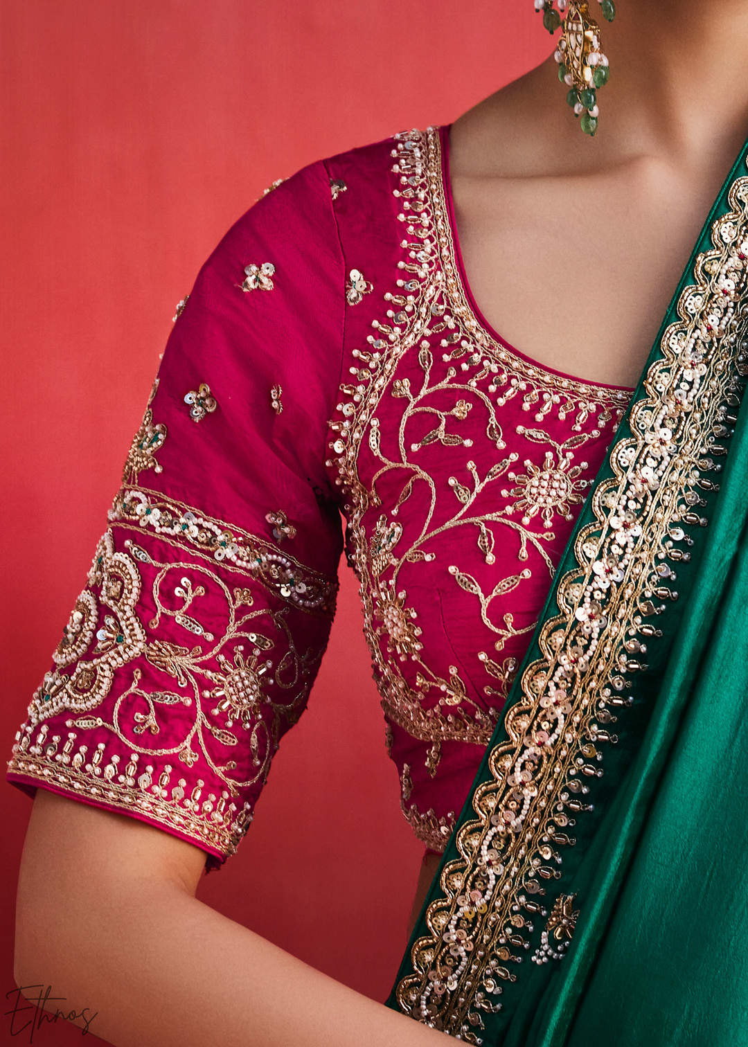 Desert Emerald Paisley Trim Border Soft Silk Saree