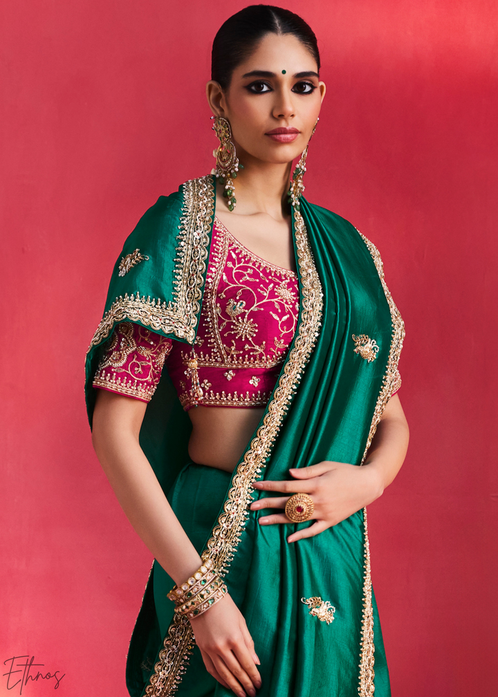 Desert Emerald Paisley Trim Border Soft Silk Saree