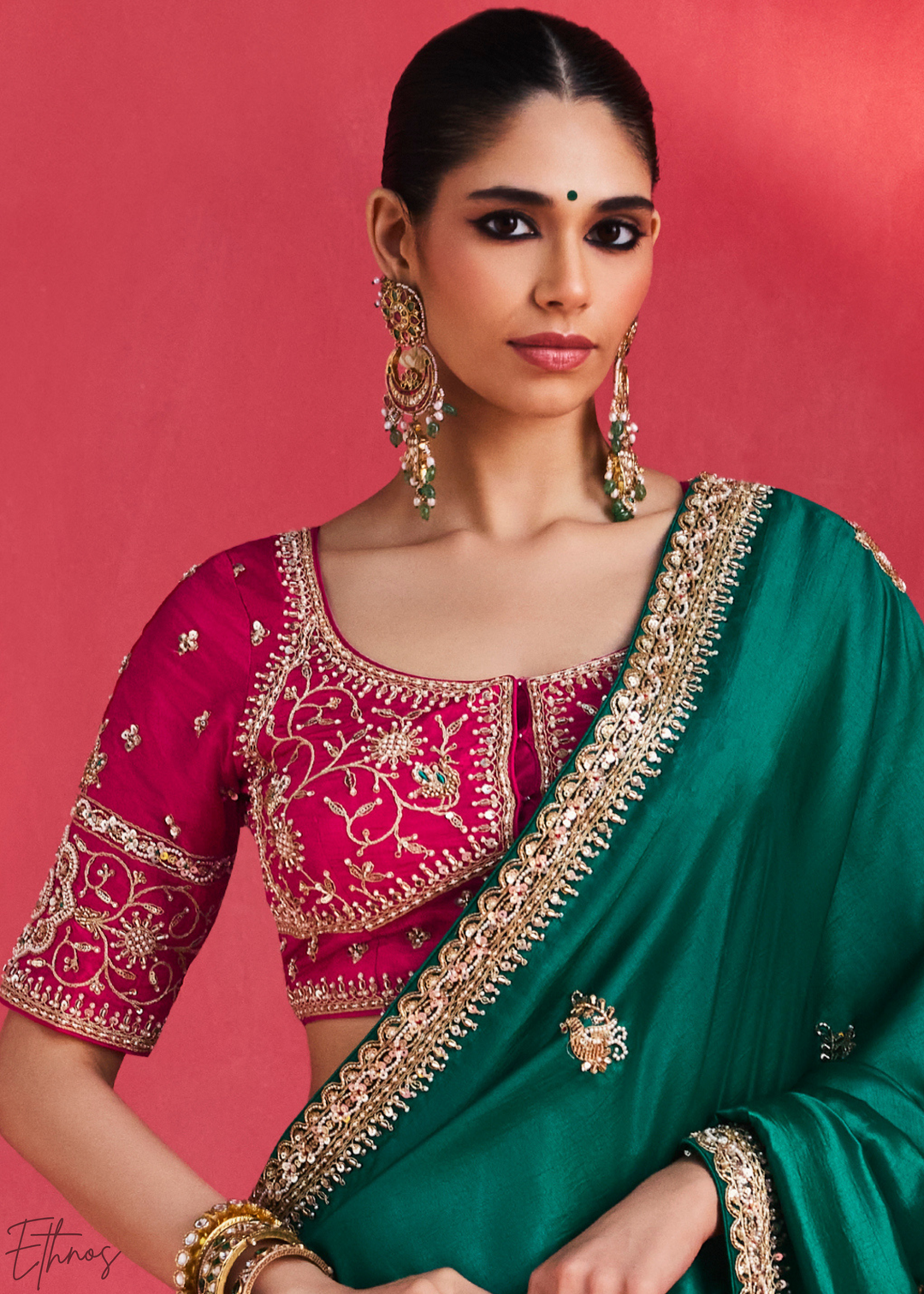 Desert Emerald Paisley Trim Border Soft Silk Saree