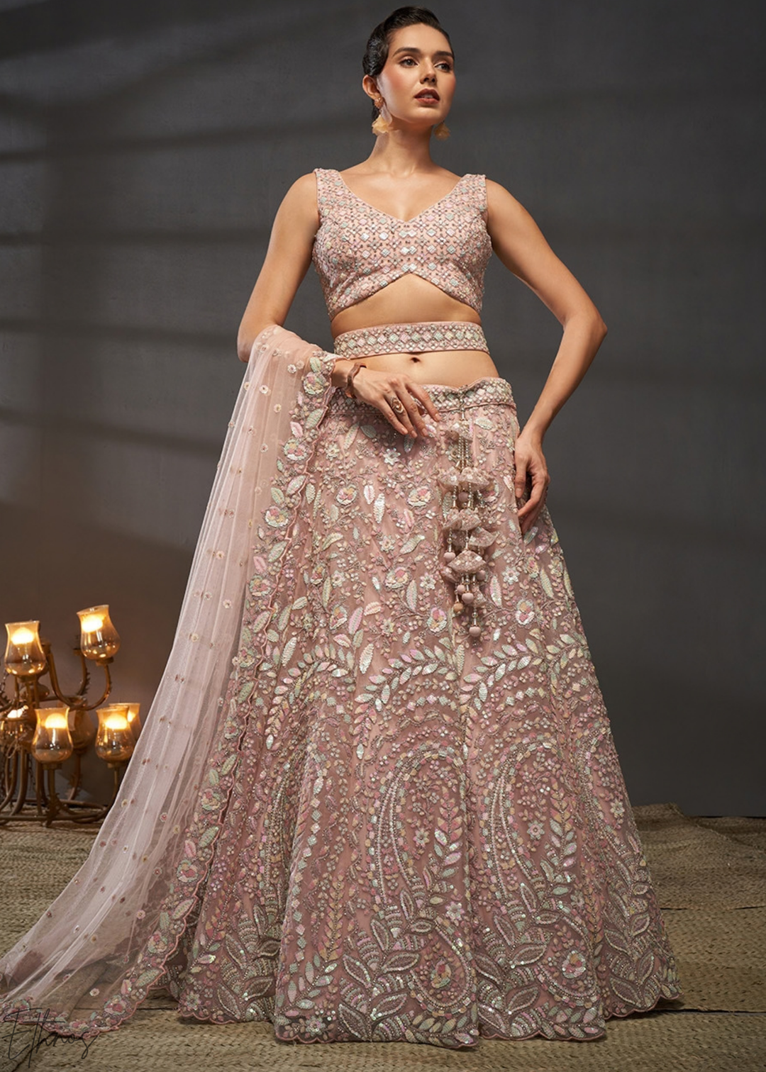 Desert Rose Gilded Bouquet Net Lehenga