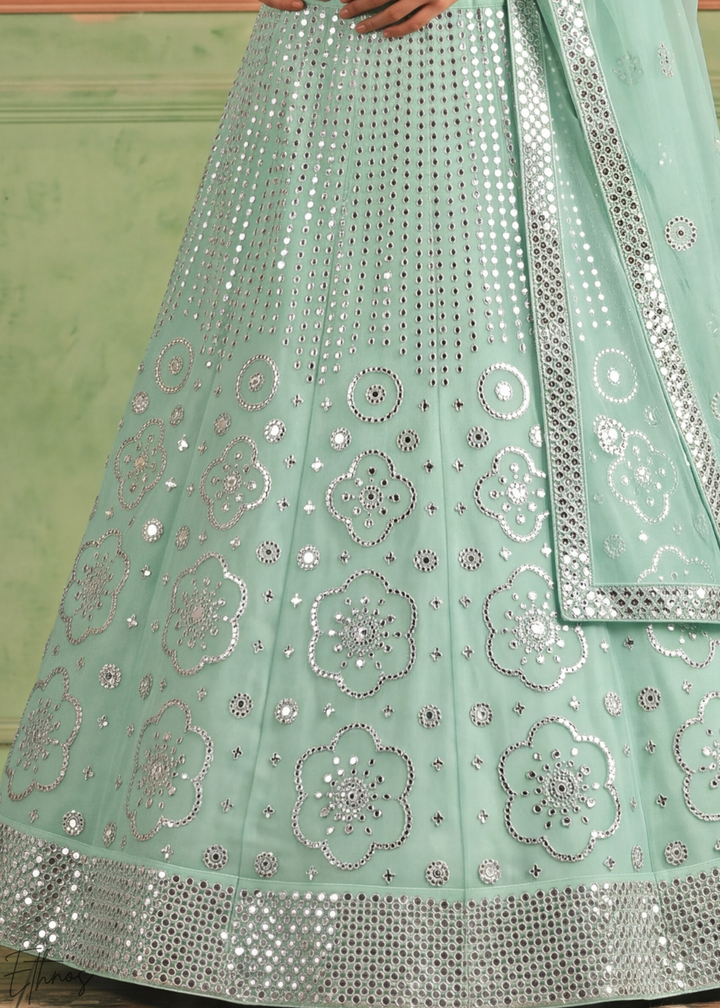 Desert Sage Quatrefoil Floral Mirror Embellished Organza Lehenga