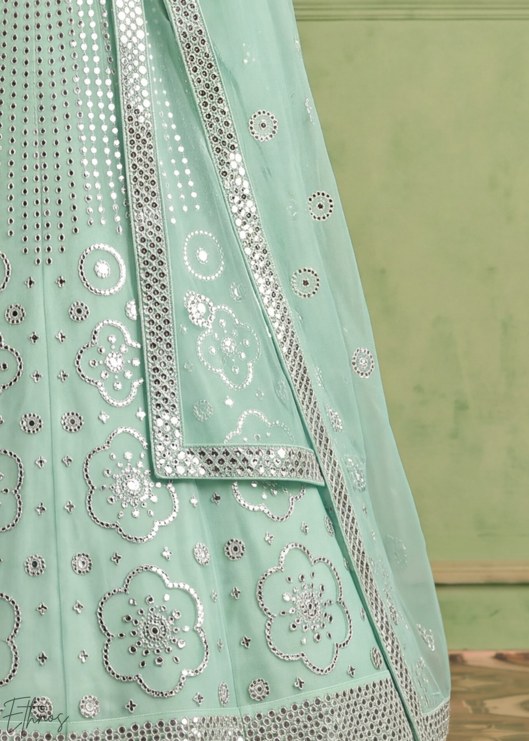 Desert Sage Quatrefoil Floral Mirror Embellished Organza Lehenga