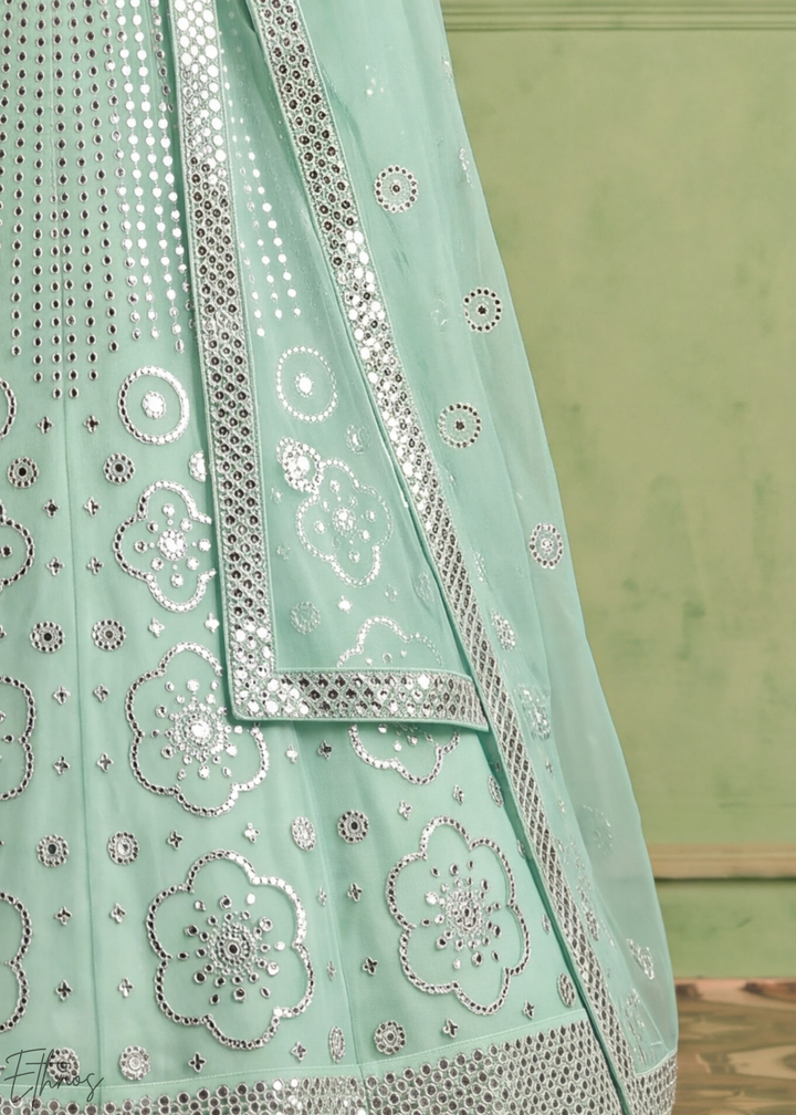 Desert Sage Quatrefoil Floral Mirror Embellished Organza Lehenga