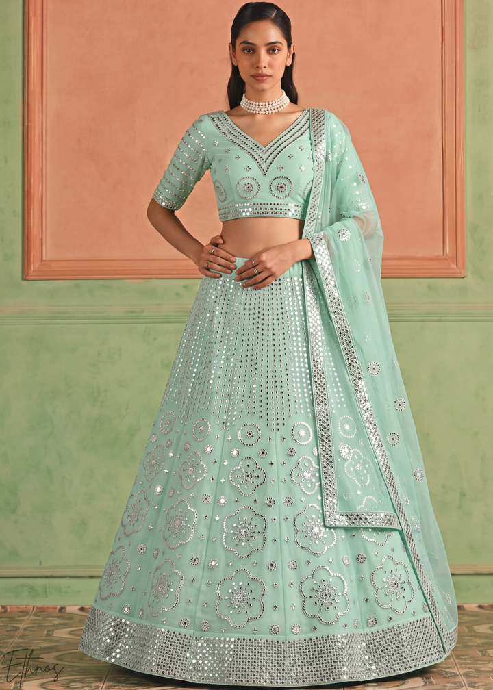 Desert Sage Quatrefoil Floral Mirror Embellished Organza Lehenga