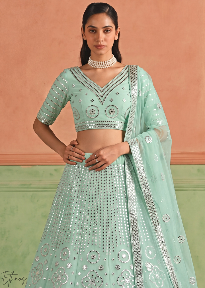 Desert Sage Quatrefoil Floral Mirror Embellished Organza Lehenga