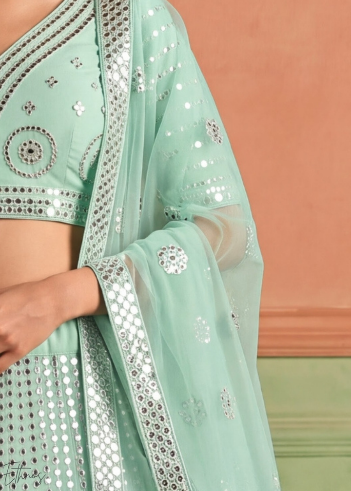 Desert Sage Quatrefoil Floral Mirror Embellished Organza Lehenga