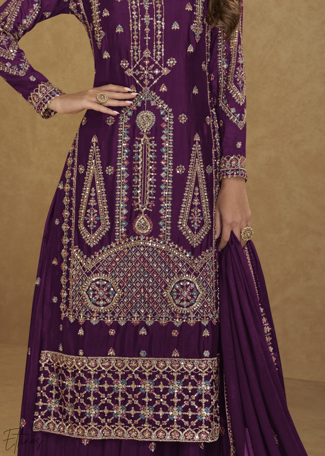 Imperial Wine Zari-Encrusted Chinon Palazzo Suit