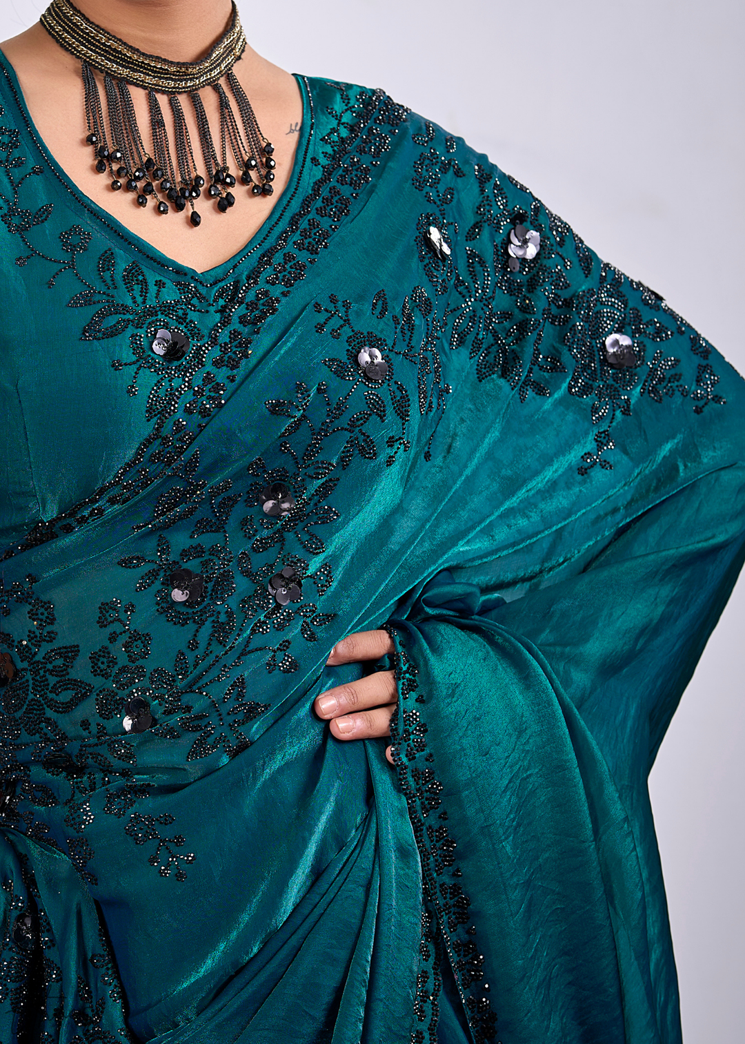 Dioptase Blue Floral Swarovski Fendy Satin Silk Saree