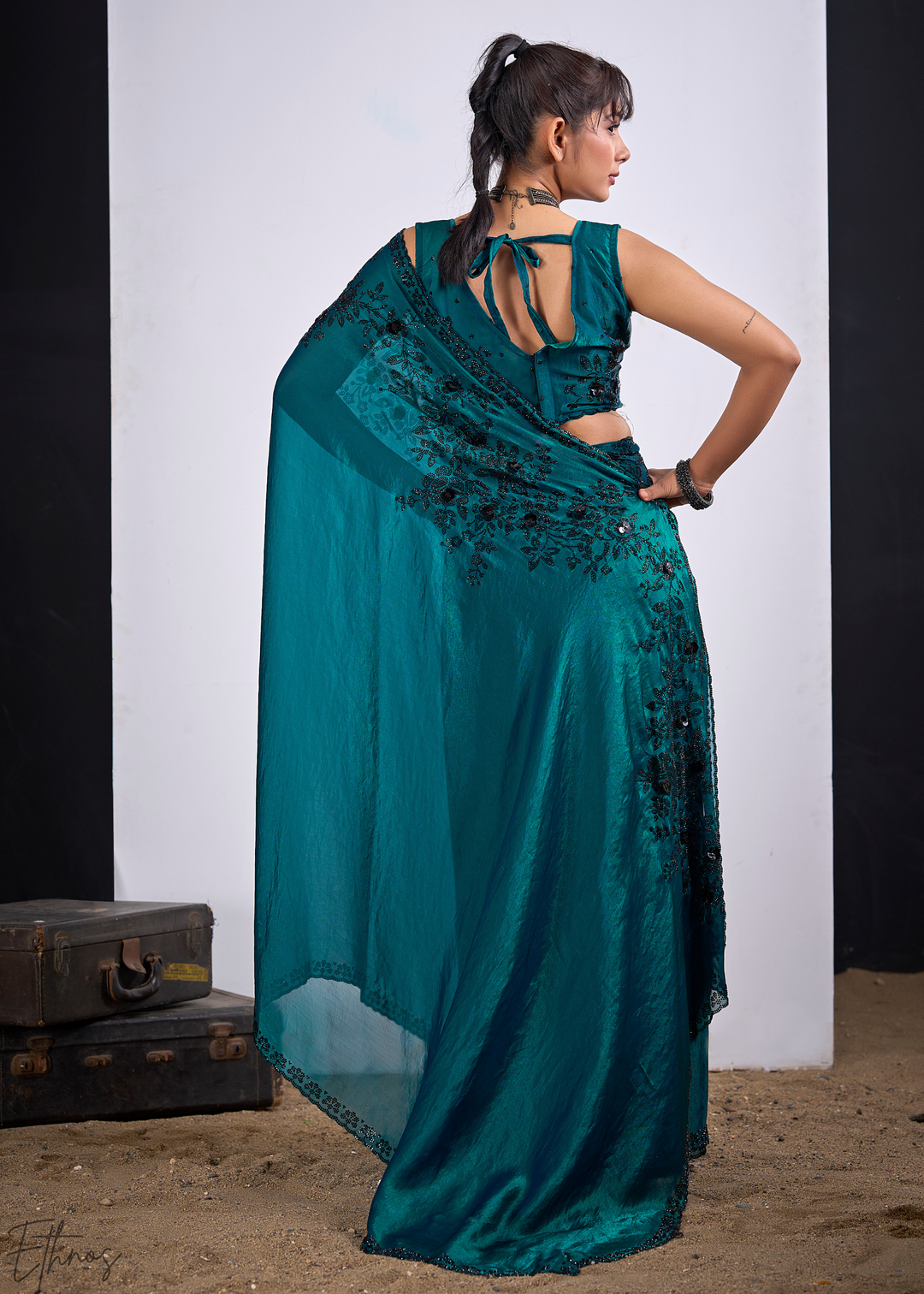 Dioptase Blue Floral Swarovski Fendy Satin Silk Saree