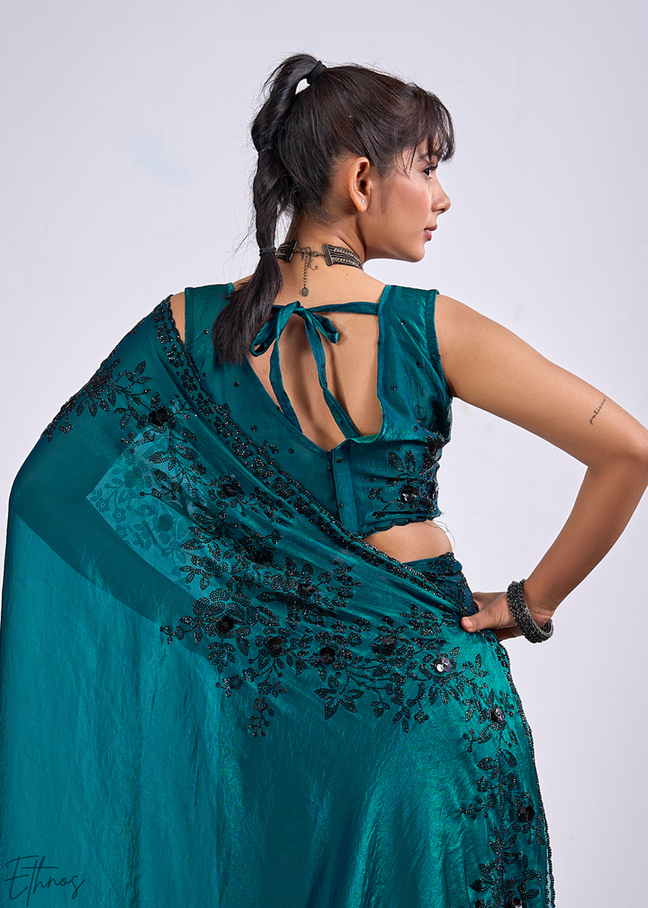Dioptase Blue Floral Swarovski Fendy Satin Silk Saree