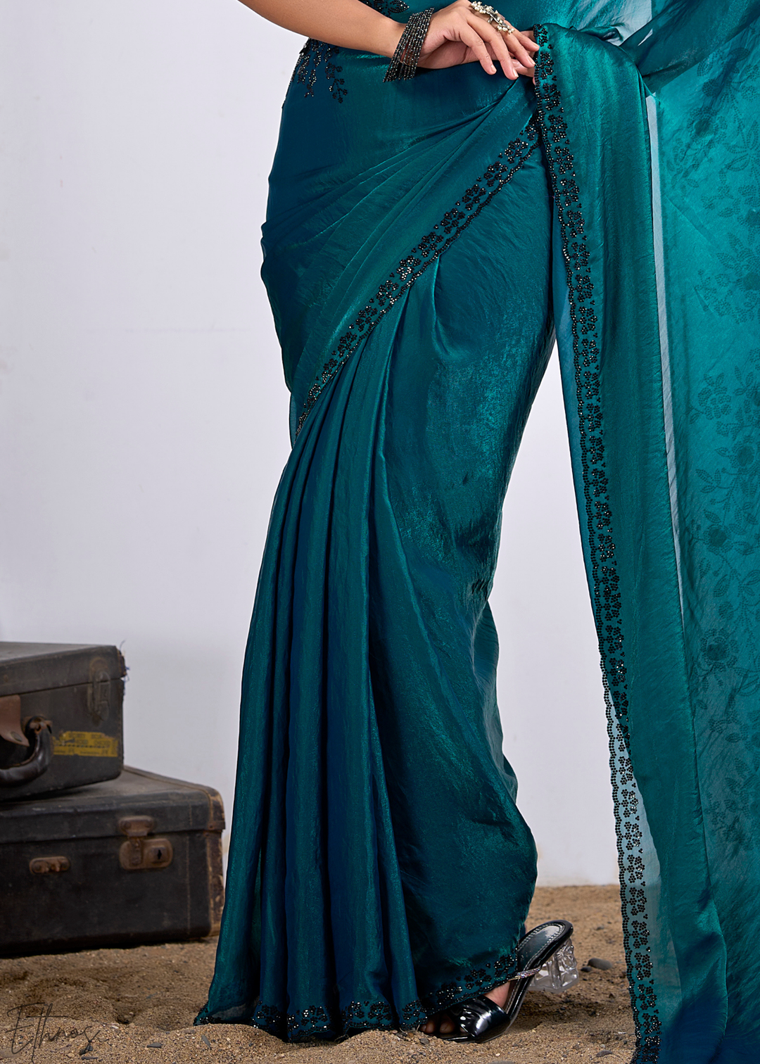 Dioptase Blue Floral Swarovski Fendy Satin Silk Saree