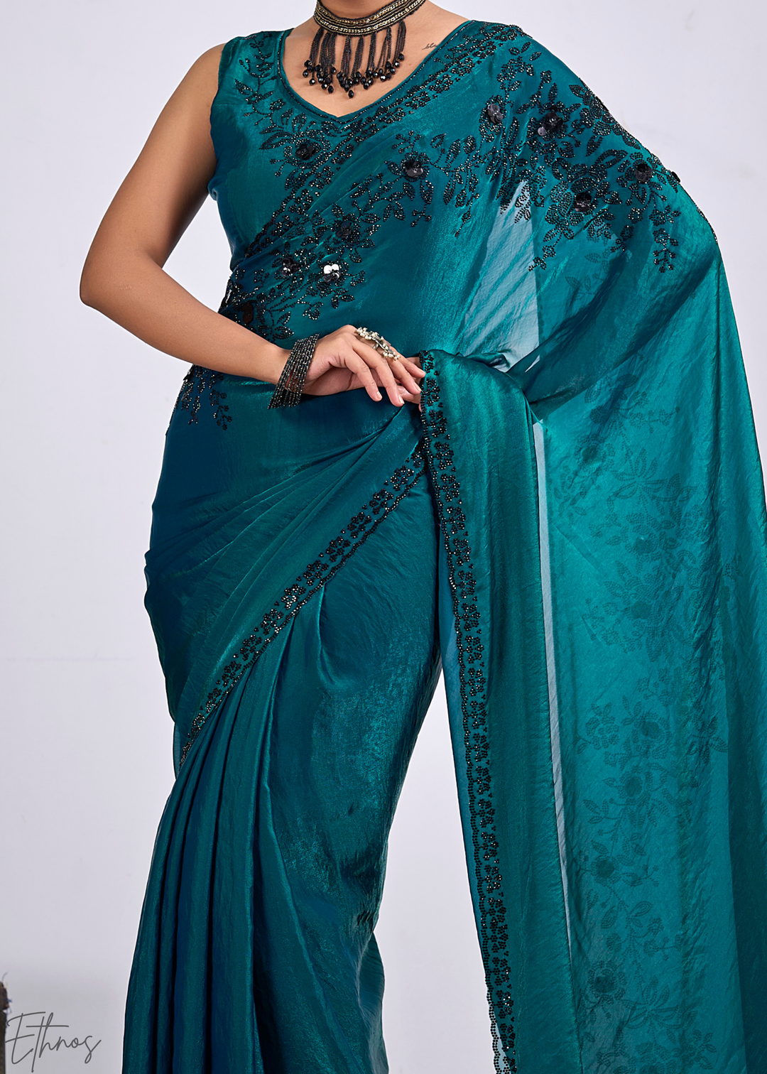 Dioptase Blue Floral Swarovski Fendy Satin Silk Saree