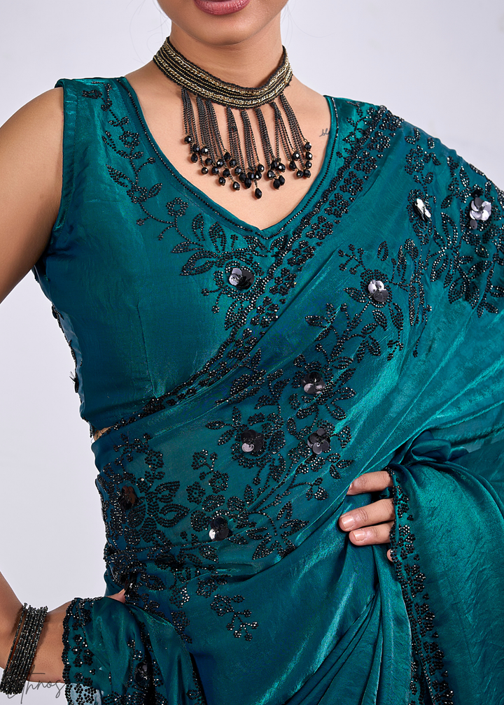 Dioptase Blue Floral Swarovski Fendy Satin Silk Saree