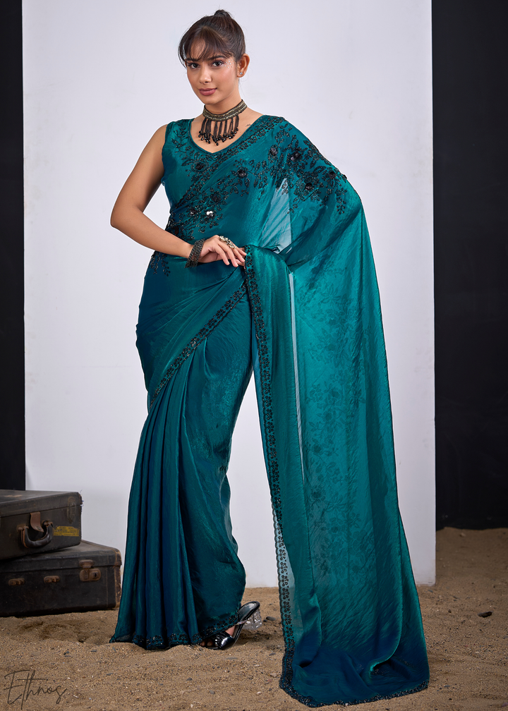 Dioptase Blue Floral Swarovski Fendy Satin Silk Saree