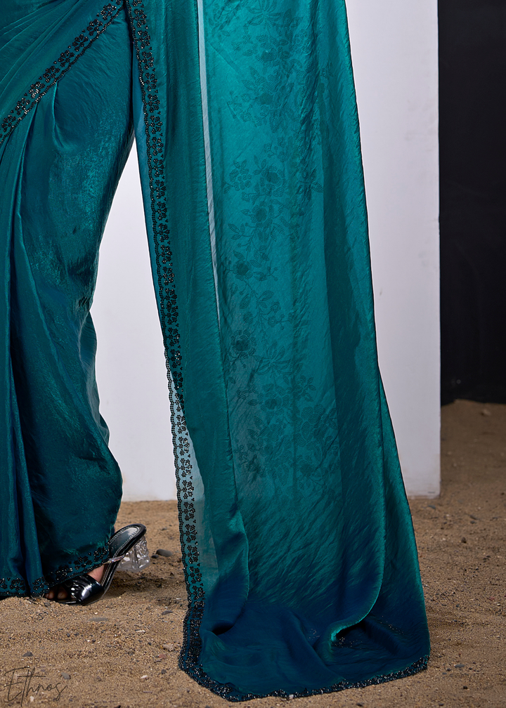 Dioptase Blue Floral Swarovski Fendy Satin Silk Saree