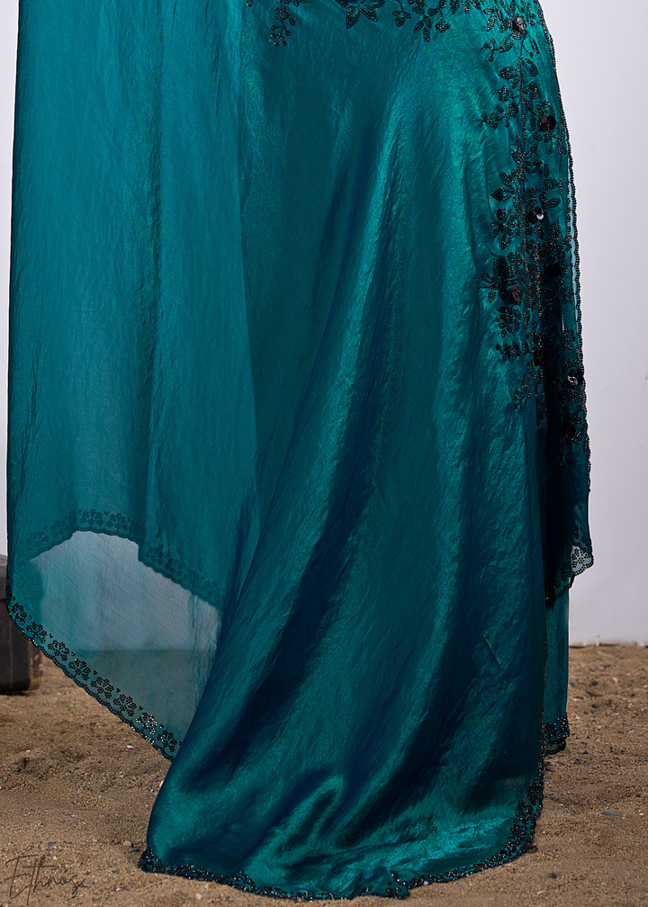 Dioptase Blue Floral Swarovski Fendy Satin Silk Saree