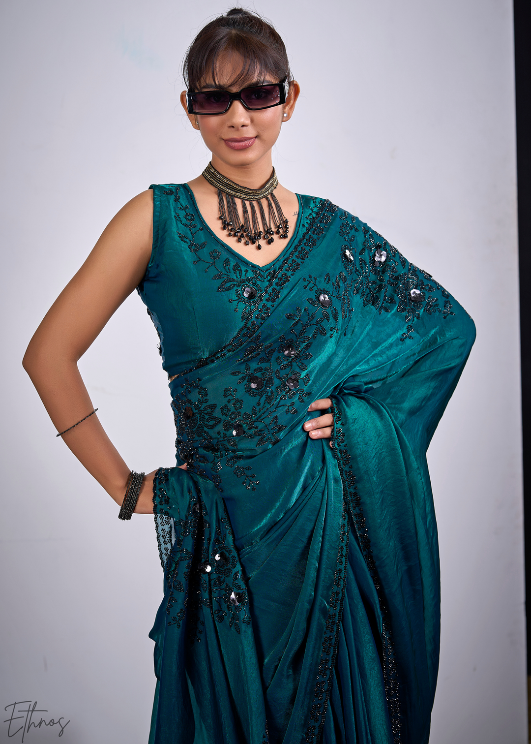Dioptase Blue Floral Swarovski Fendy Satin Silk Saree