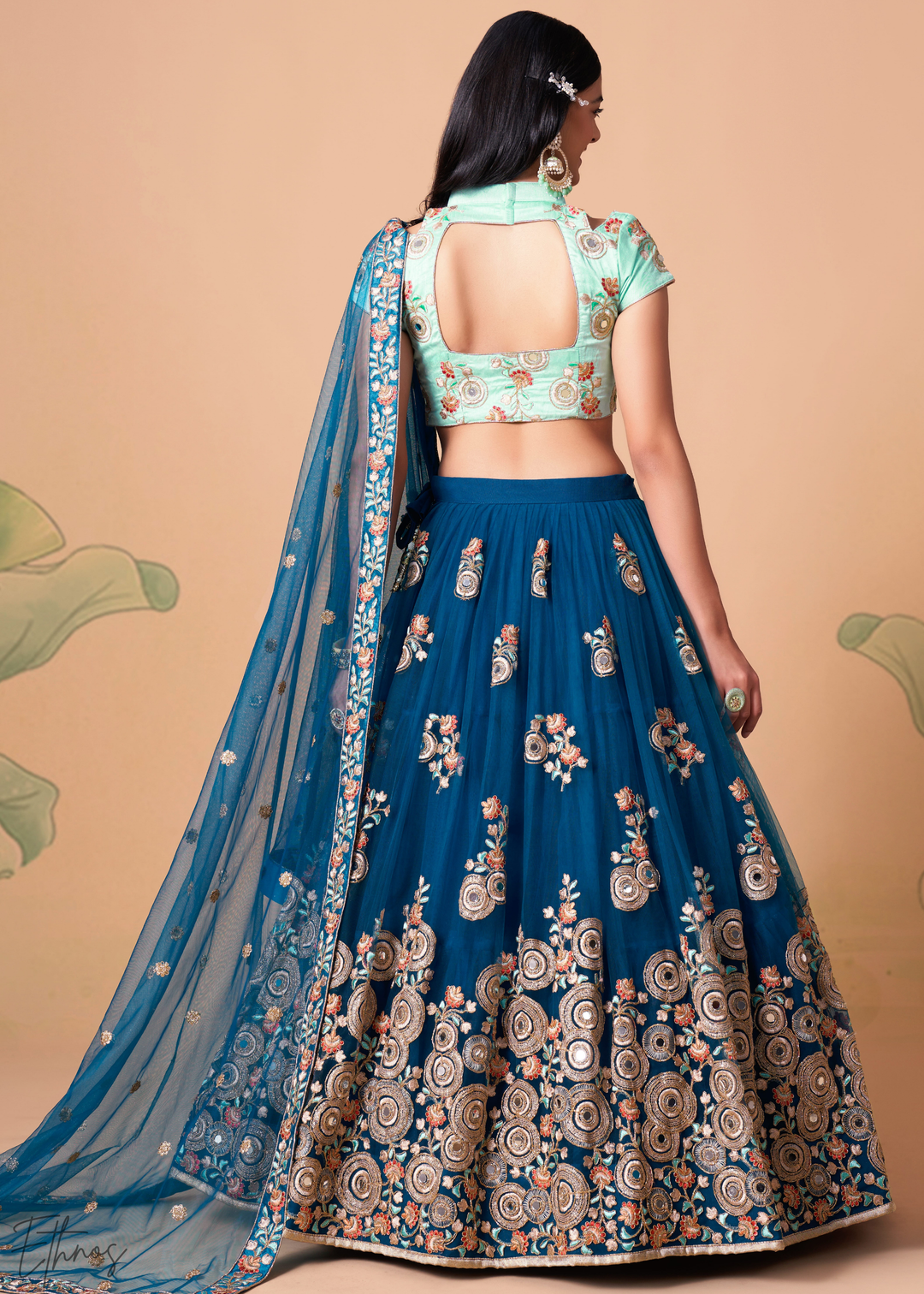 Teal Blue Opulent Floral Mirror Net Lehenga