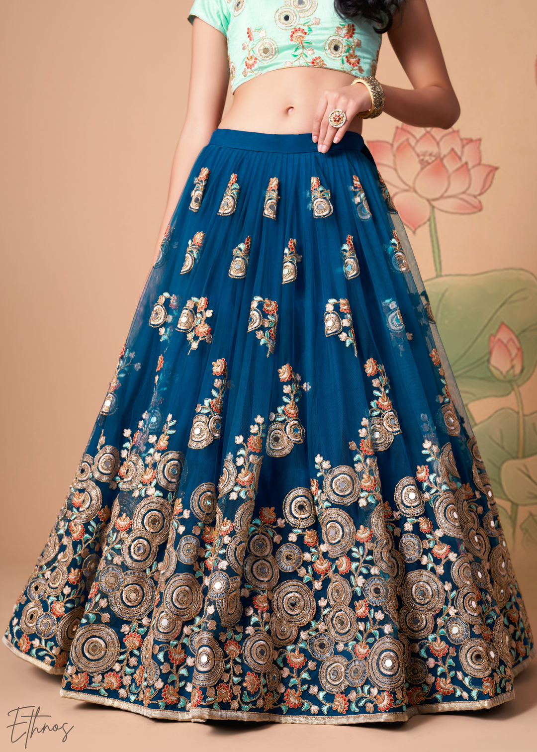 Teal Blue Opulent Floral Mirror Net Lehenga