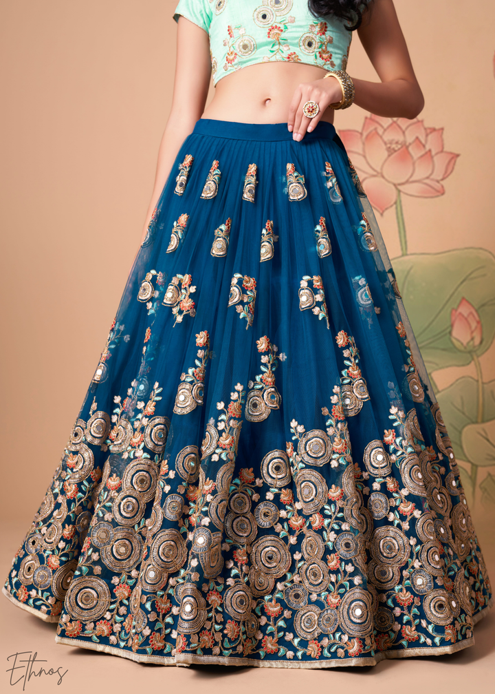Teal Blue Opulent Floral Mirror Net Lehenga
