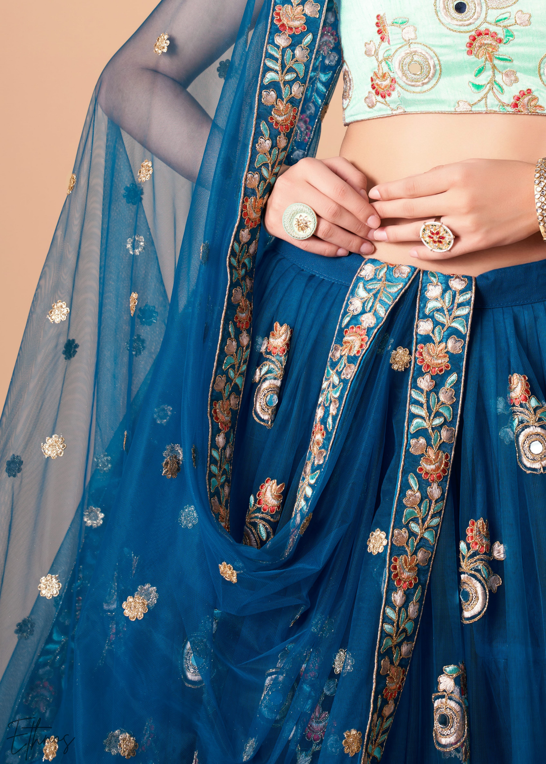 Teal Blue Opulent Floral Mirror Net Lehenga