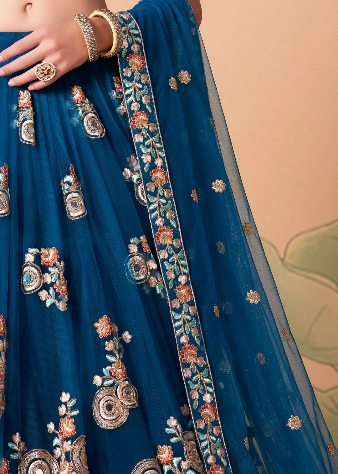 Teal Blue Opulent Floral Mirror Net Lehenga
