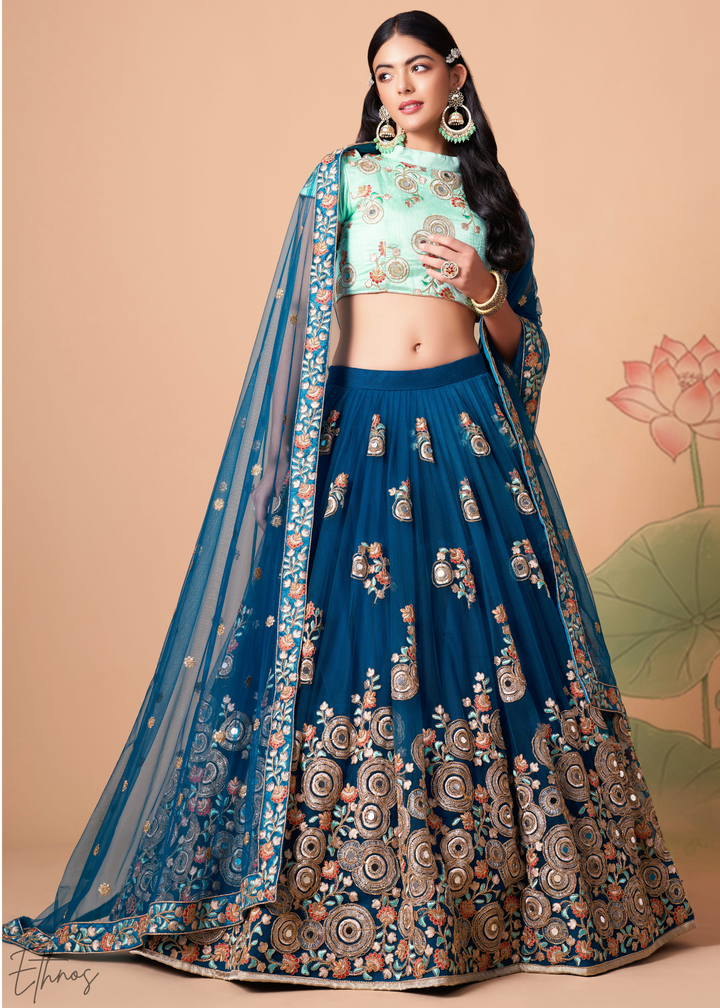 Teal Blue Opulent Floral Mirror Net Lehenga
