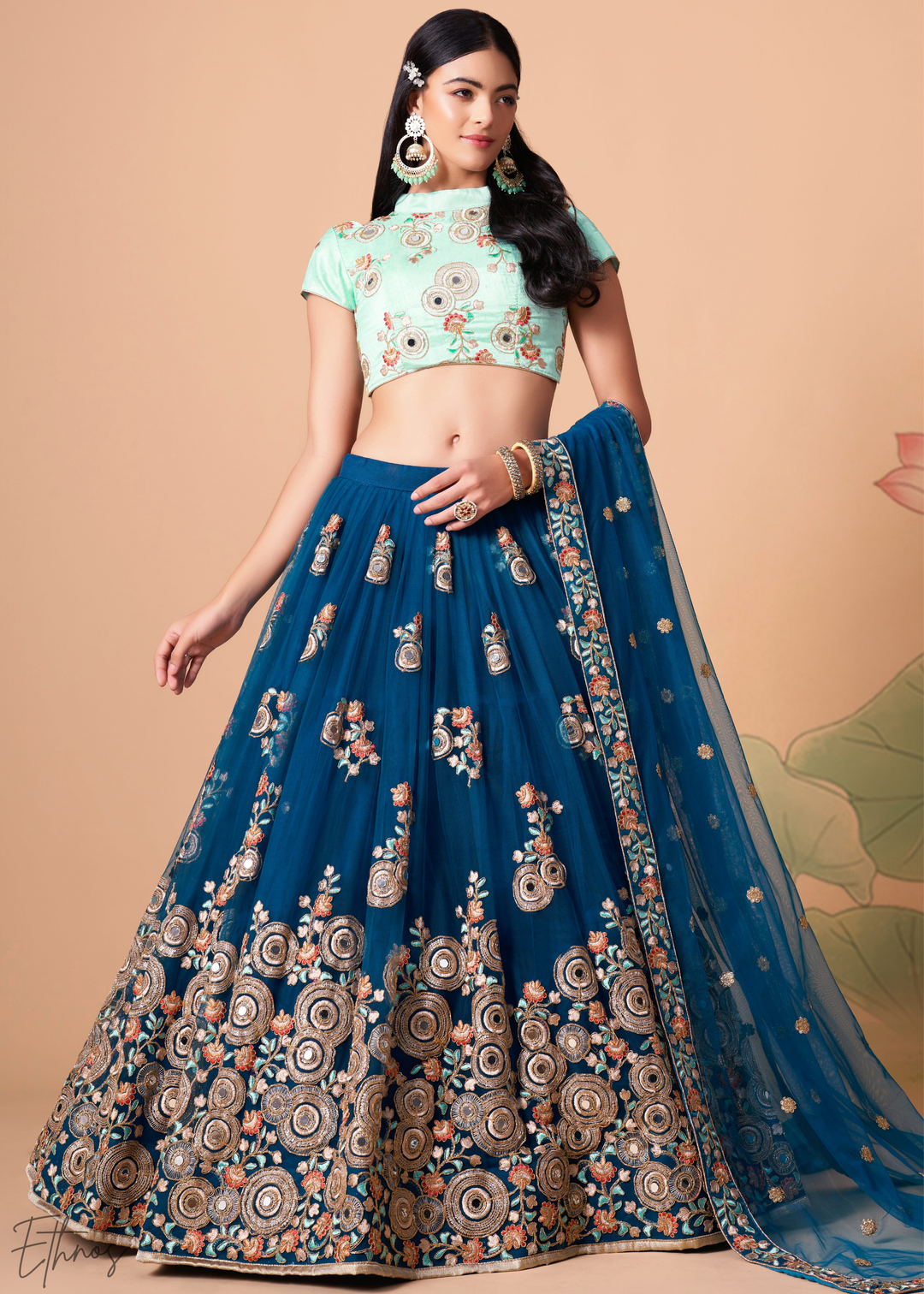 Teal Blue Opulent Floral Mirror Net Lehenga