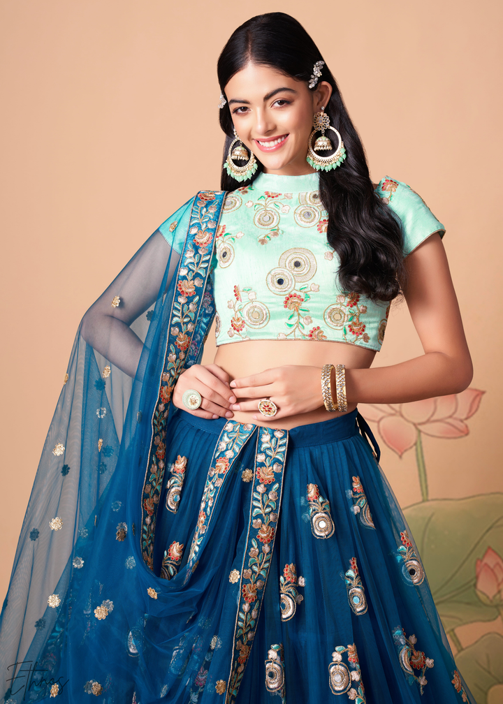 Teal Blue Opulent Floral Mirror Net Lehenga