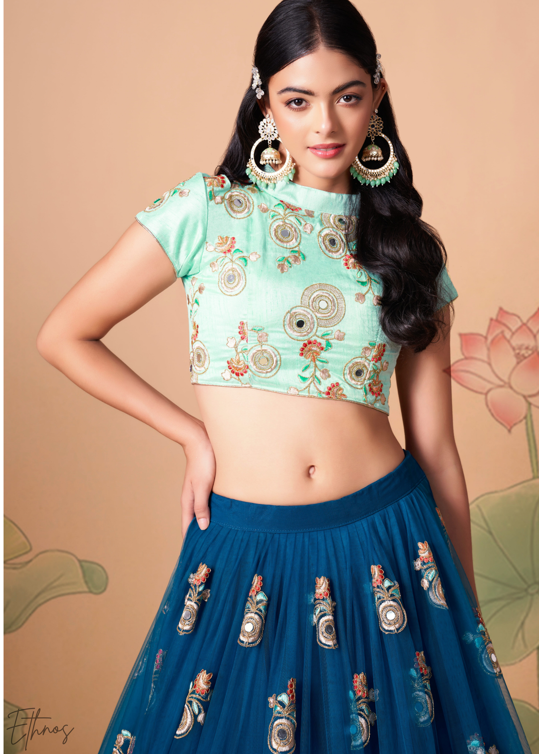 Teal Blue Opulent Floral Mirror Net Lehenga
