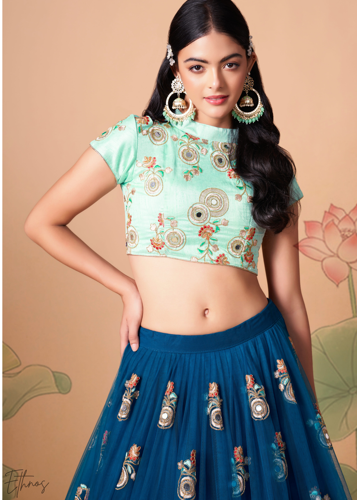 Teal Blue Opulent Floral Mirror Net Lehenga