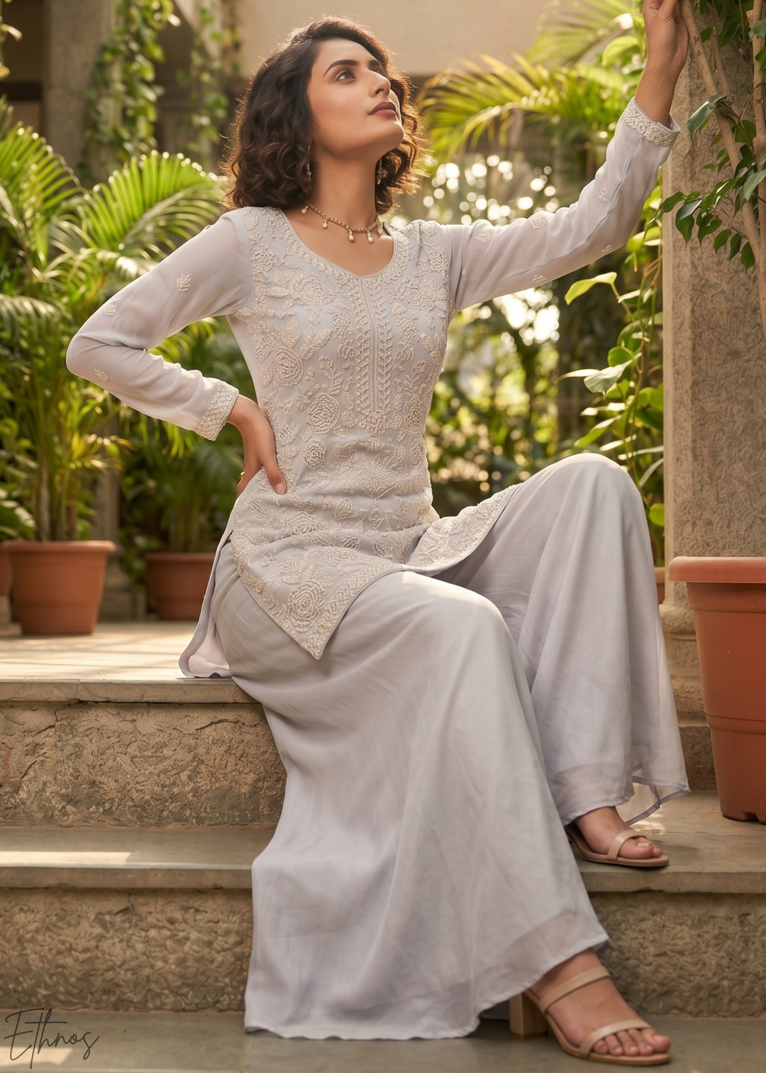 Dove Grey Beaded-Breeze Chinon Sharara Suit