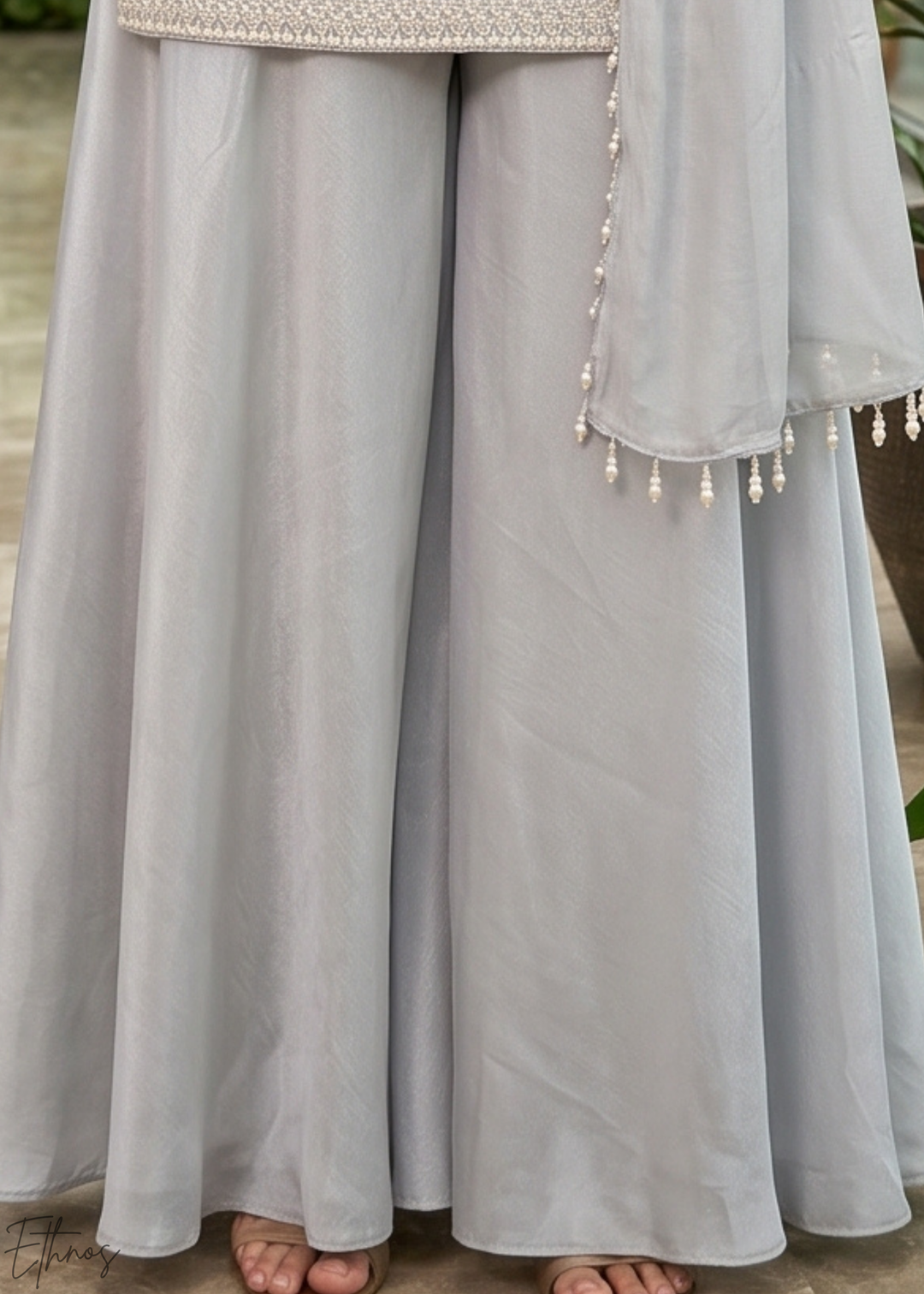 Dove Grey Beaded-Breeze Chinon Sharara Suit