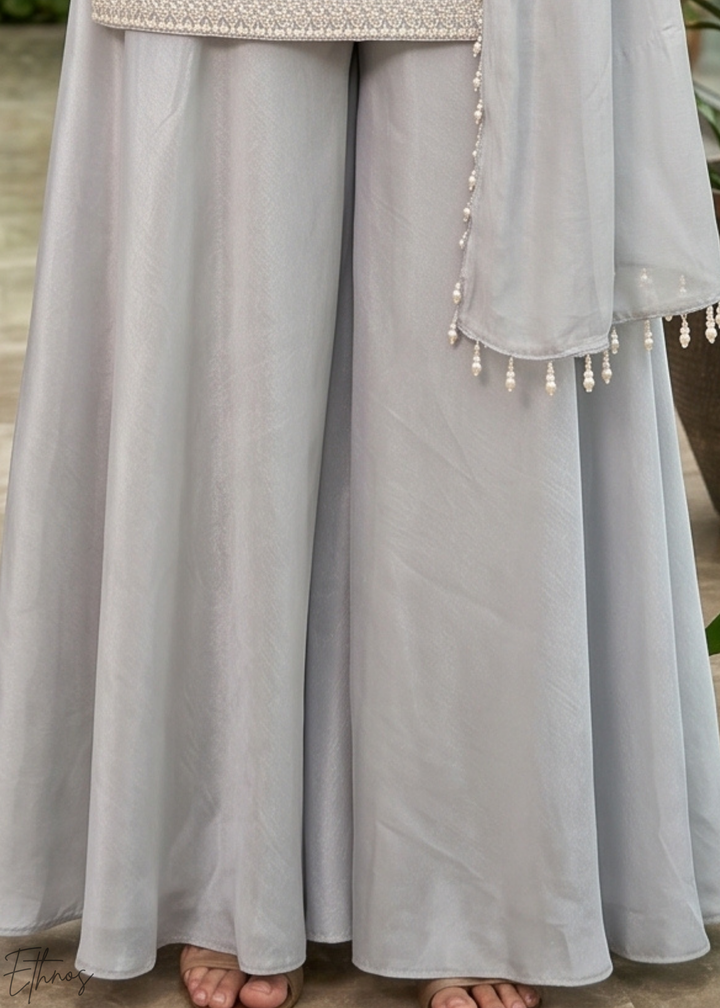 Dove Grey Beaded-Breeze Chinon Sharara Suit