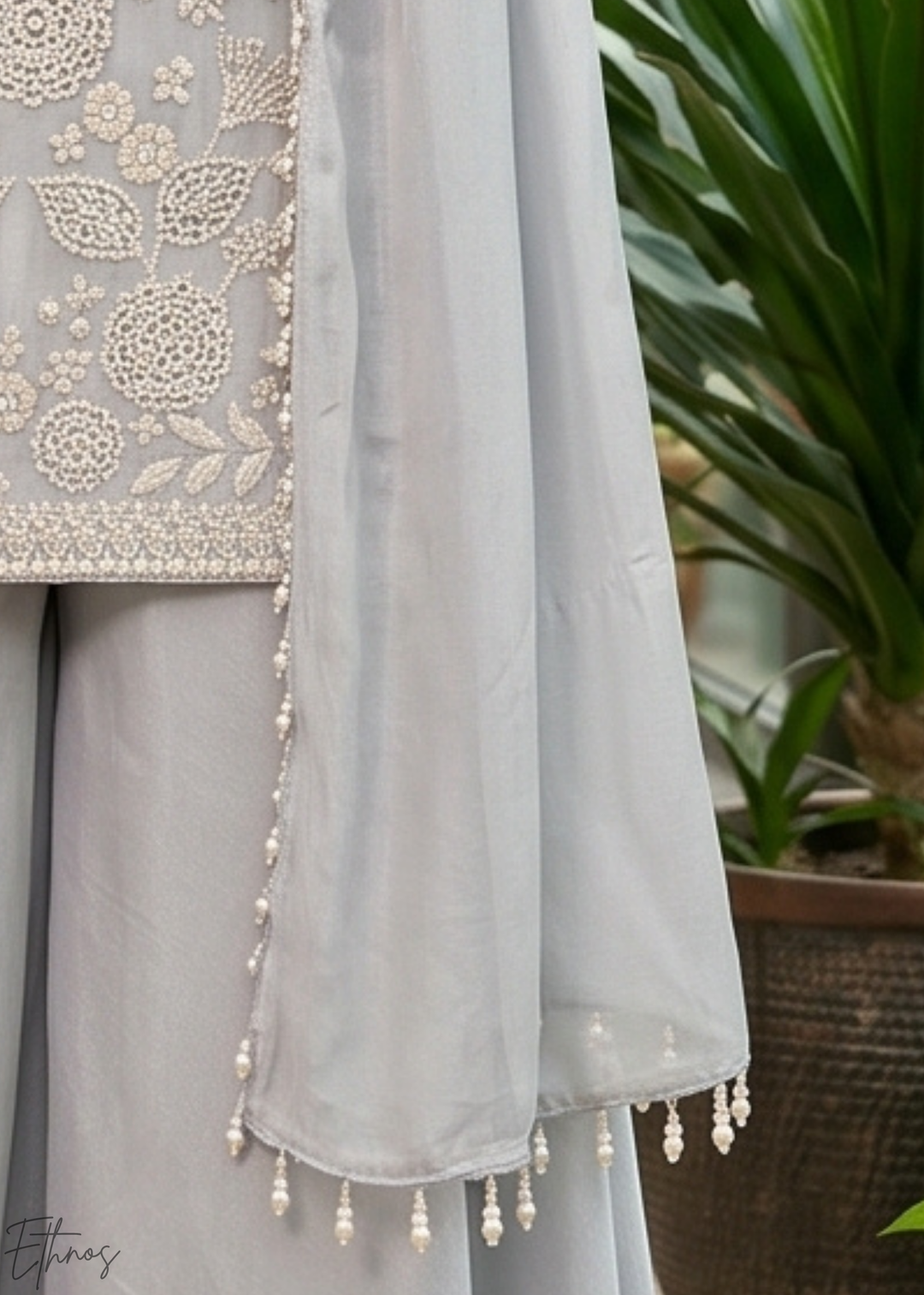 Dove Grey Beaded-Breeze Chinon Sharara Suit