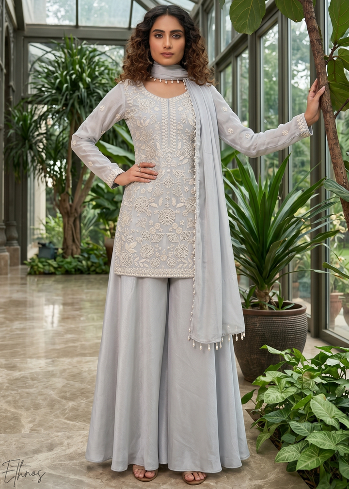 Dove Grey Beaded-Breeze Chinon Sharara Suit