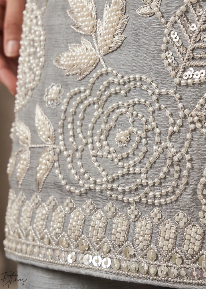 Dove Grey Beaded-Breeze Chinon Sharara Suit