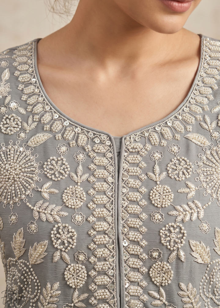 Dove Grey Beaded-Breeze Chinon Sharara Suit