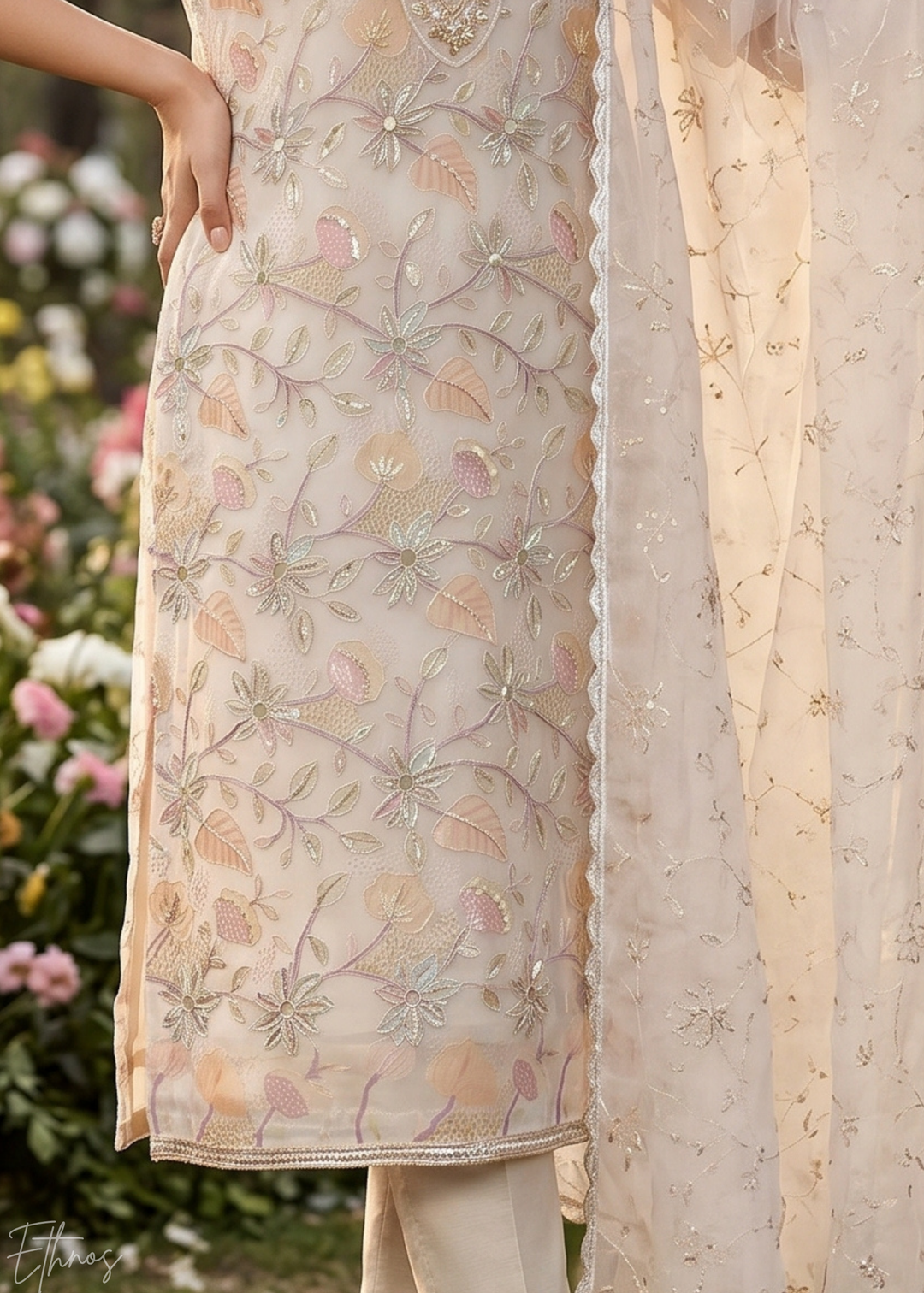 Dove Vines-Embroidered Chinon Palazzo Suit