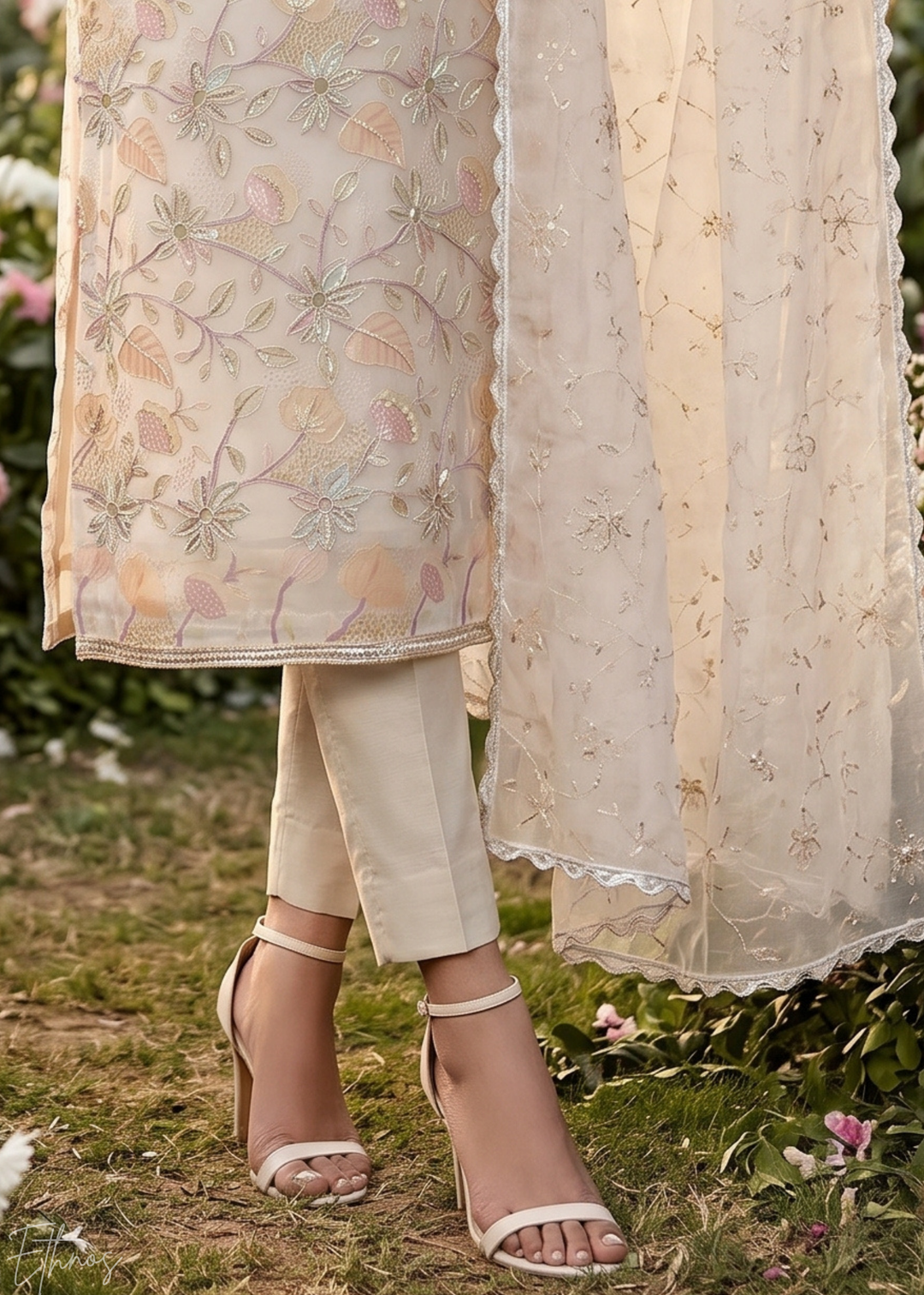 Dove Vines-Embroidered Chinon Palazzo Suit