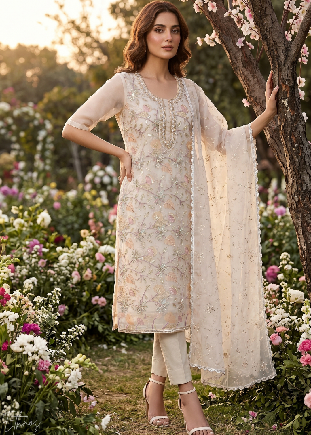 Dove Vines-Embroidered Chinon Palazzo Suit