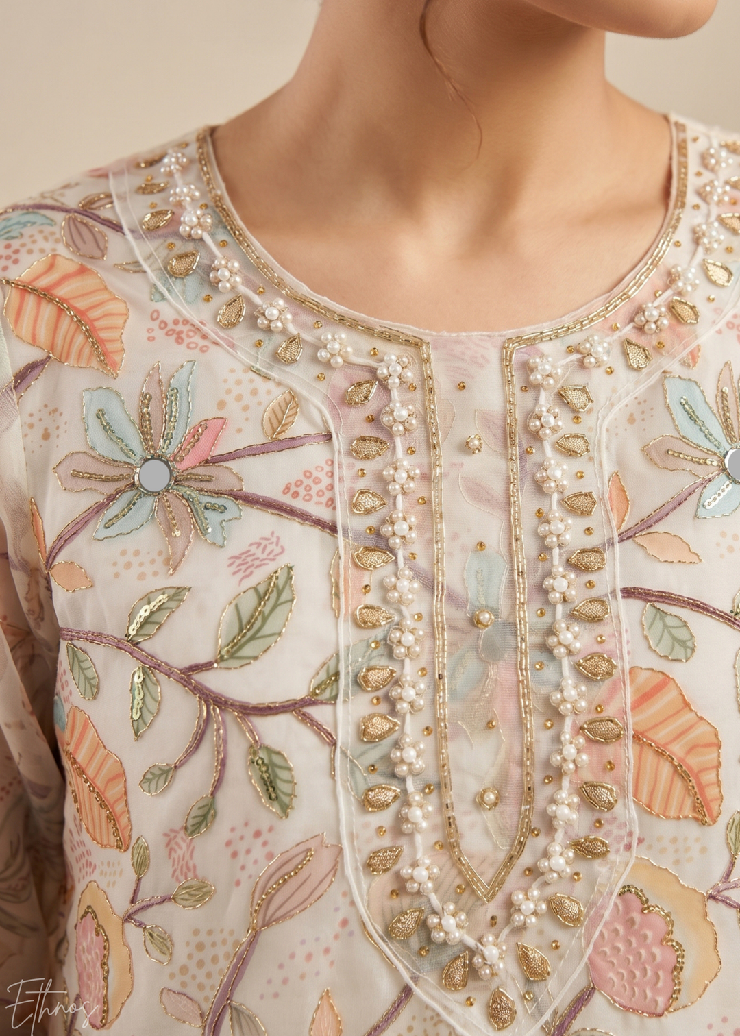 Dove Vines-Embroidered Chinon Palazzo Suit