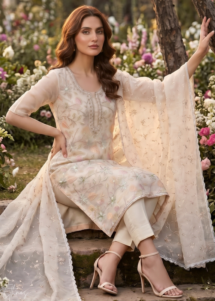 Dove Vines-Embroidered Chinon Palazzo Suit