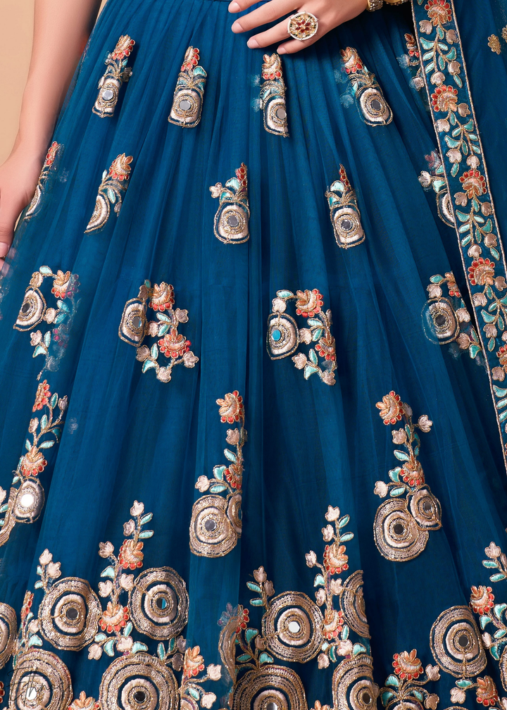 Teal Blue Opulent Floral Mirror Net Lehenga