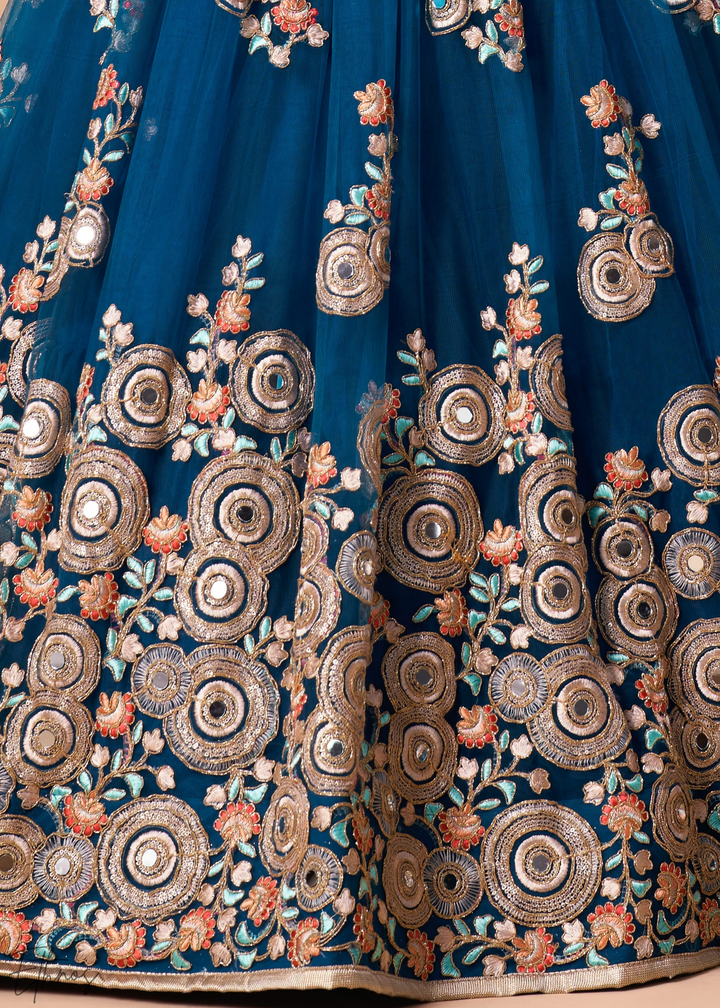 Teal Blue Opulent Floral Mirror Net Lehenga