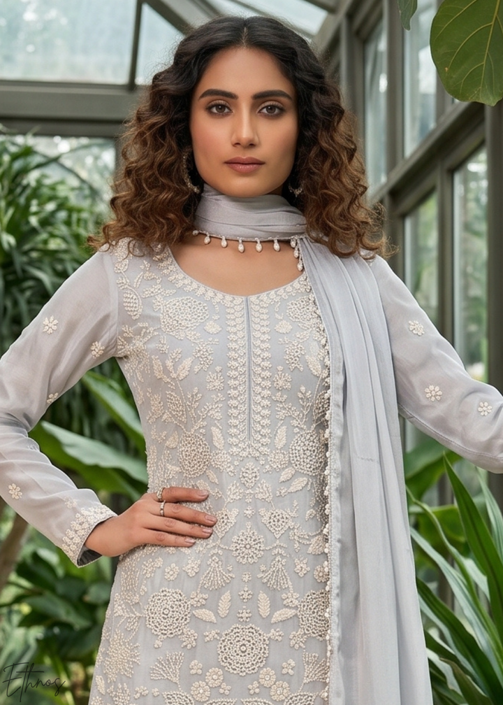 Dove Grey Beaded-Breeze Chinon Sharara Suit