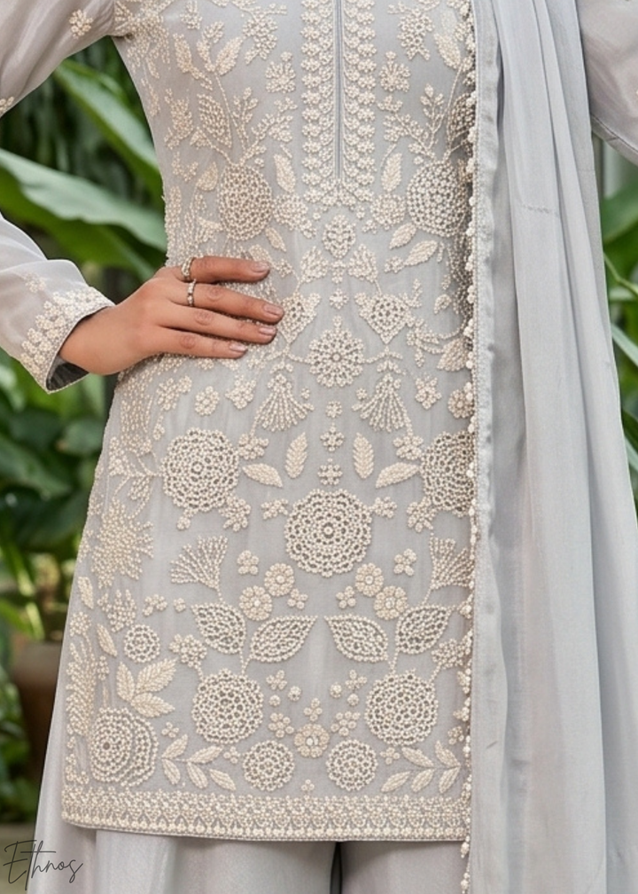 Dove Grey Beaded-Breeze Chinon Sharara Suit
