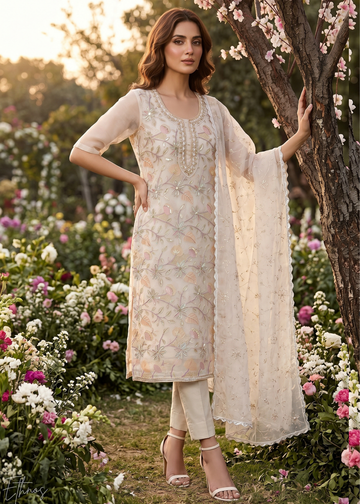 Dove Vines-Embroidered Organza Palazzo Suit
