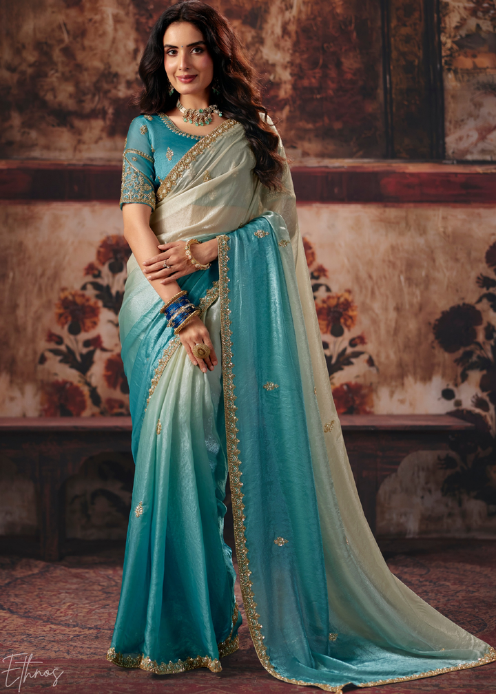 Dual Tone Turquoise Blue Ombre Fendy Satin Saree